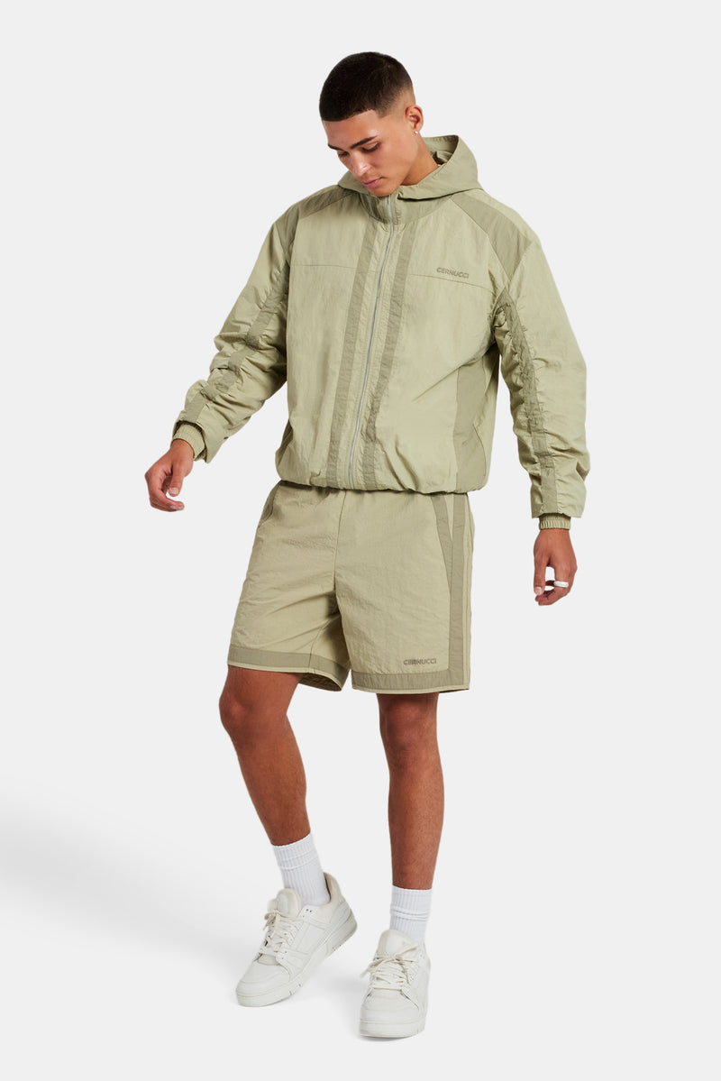 Nylon Colour Block Zip Through & Short Set - Light Khaki