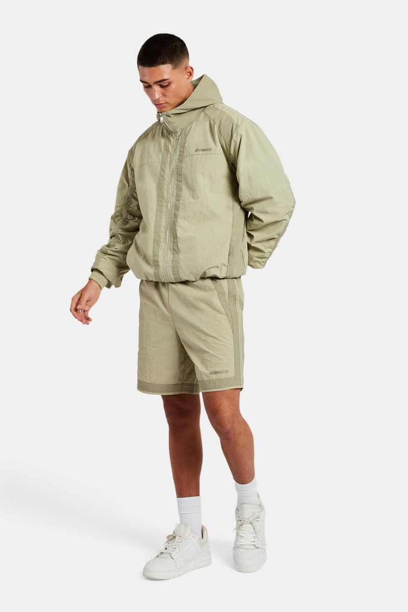 Nylon Colour Block Zip Through & Short Set - Light Khaki