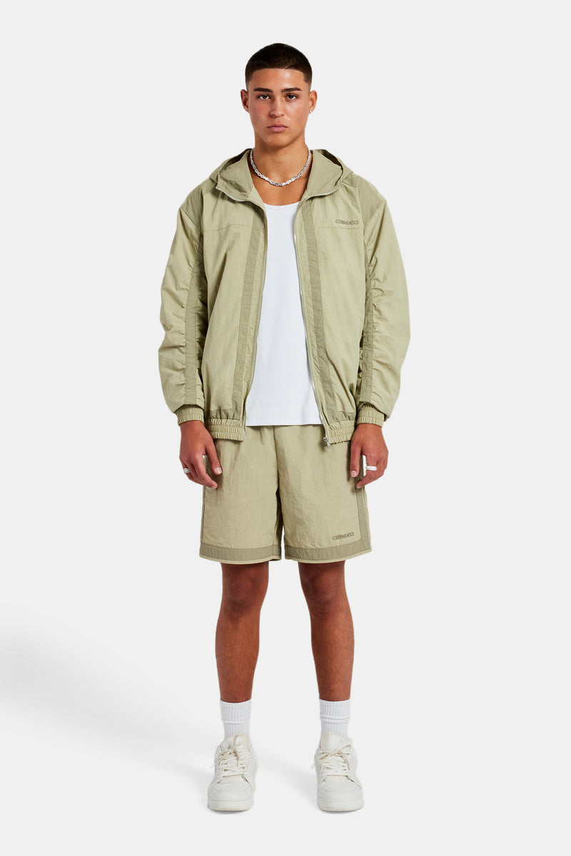 Nylon Colour Block Zip Through & Short Set - Light Khaki