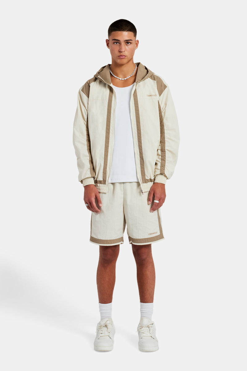 Nylon Colour Block Zip Through & Short Set - Off White