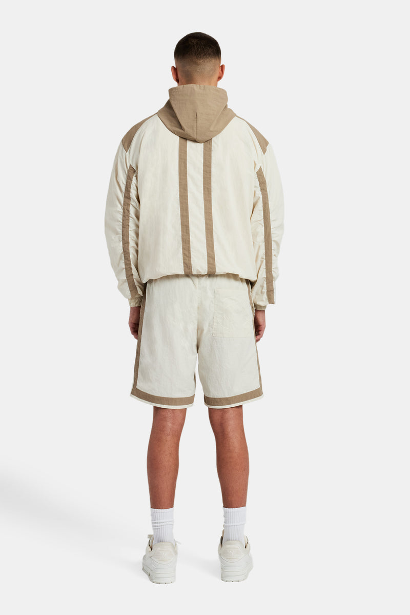 Nylon Colour Block Zip Through & Short Set - Off White