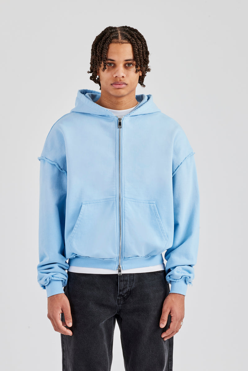 Boxy Washed Raw Edge Zip Through Hoodie - Light Blue