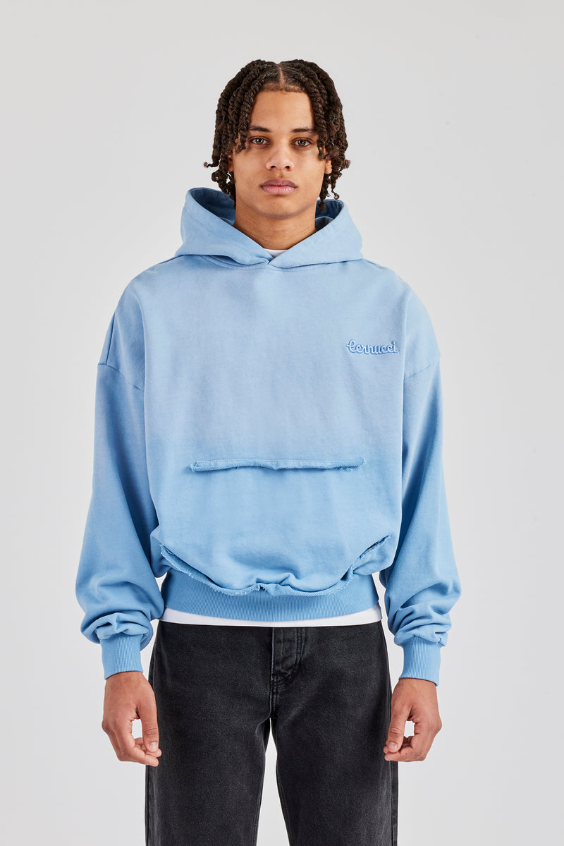 Washed Boxy Raw Edge Pocket Hoodie - Blue