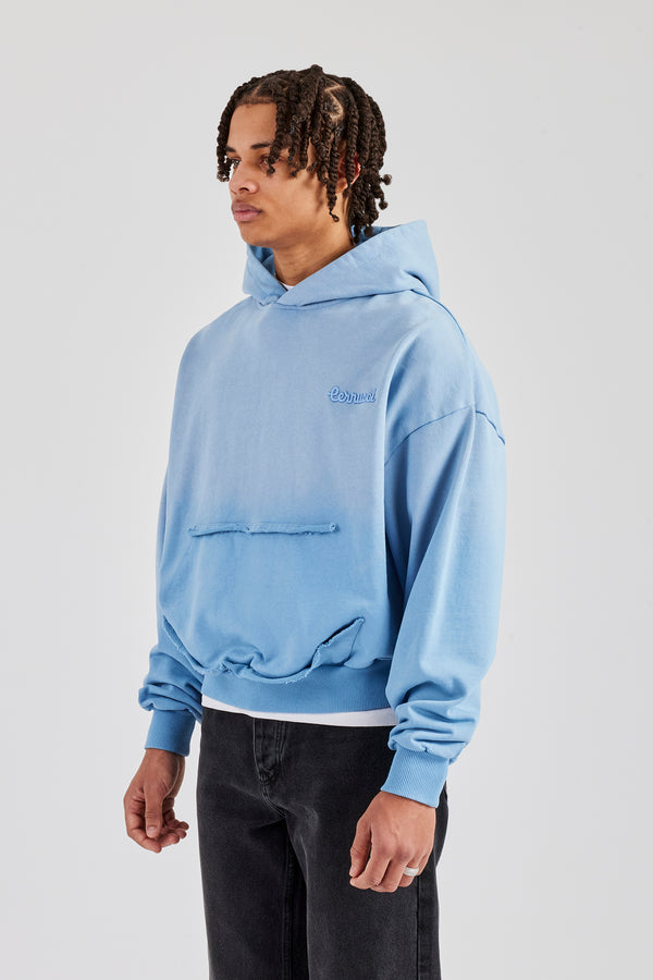 Washed Boxy Raw Edge Pocket Hoodie - Blue