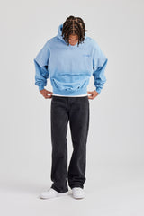 Washed Boxy Raw Edge Pocket Hoodie - Blue