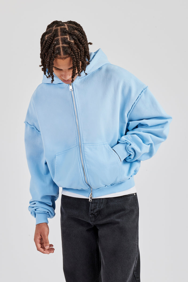 Boxy Washed Raw Edge Zip Through Hoodie - Light Blue