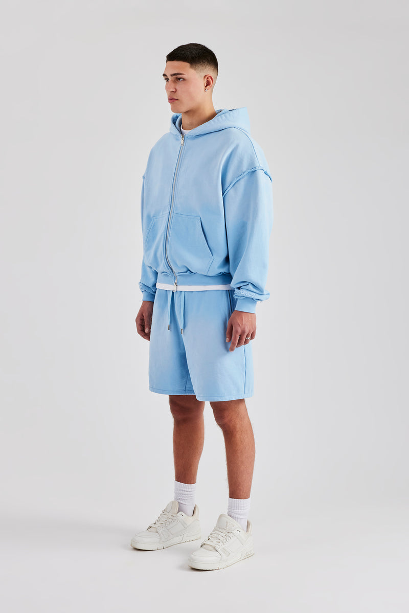 Boxy Washed Raw Edge Zip Through Hoodie & Jort - Light Blue