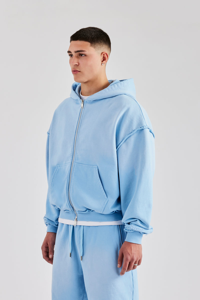 Boxy Washed Raw Edge Zip Through Hoodie - Light Blue