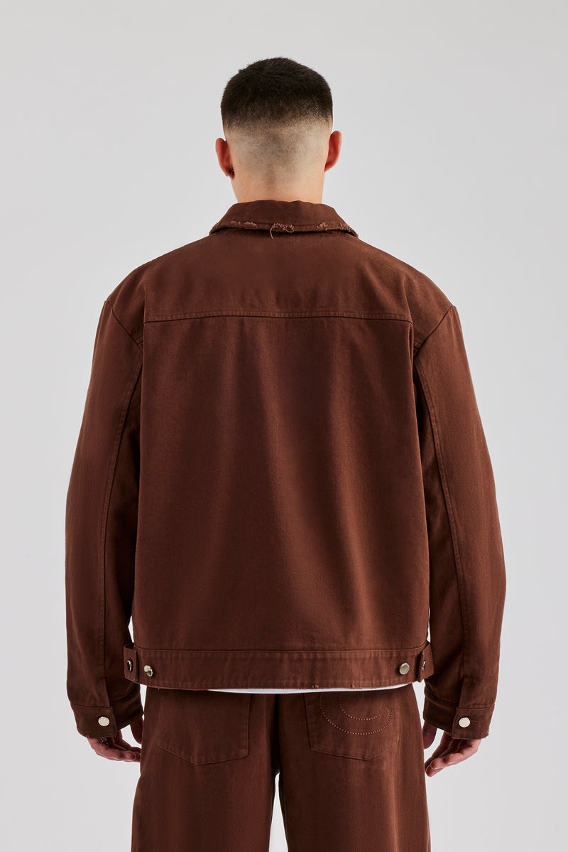 Contrast Logo Twill Harrington Jacket - Chocolate