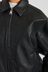 Oversized Collared Pu Bomber - Black