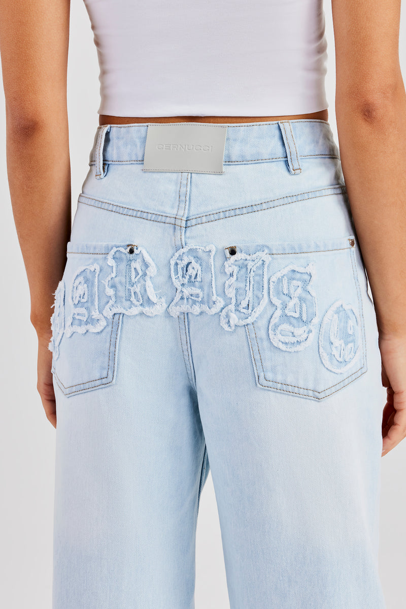 Baggy Paraiso Applique Jeans - Light Blue