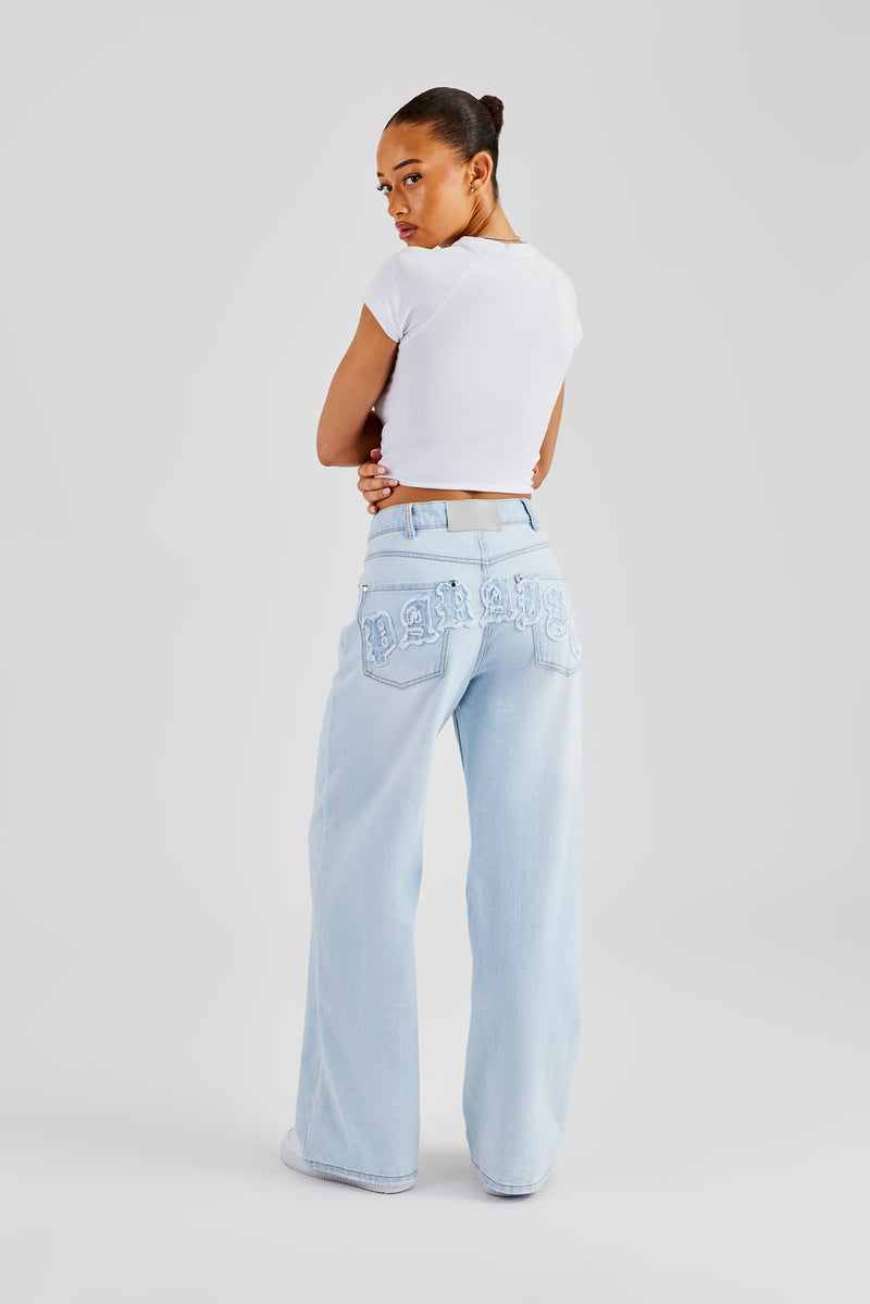 Baggy Paraiso Applique Jeans - Light Blue