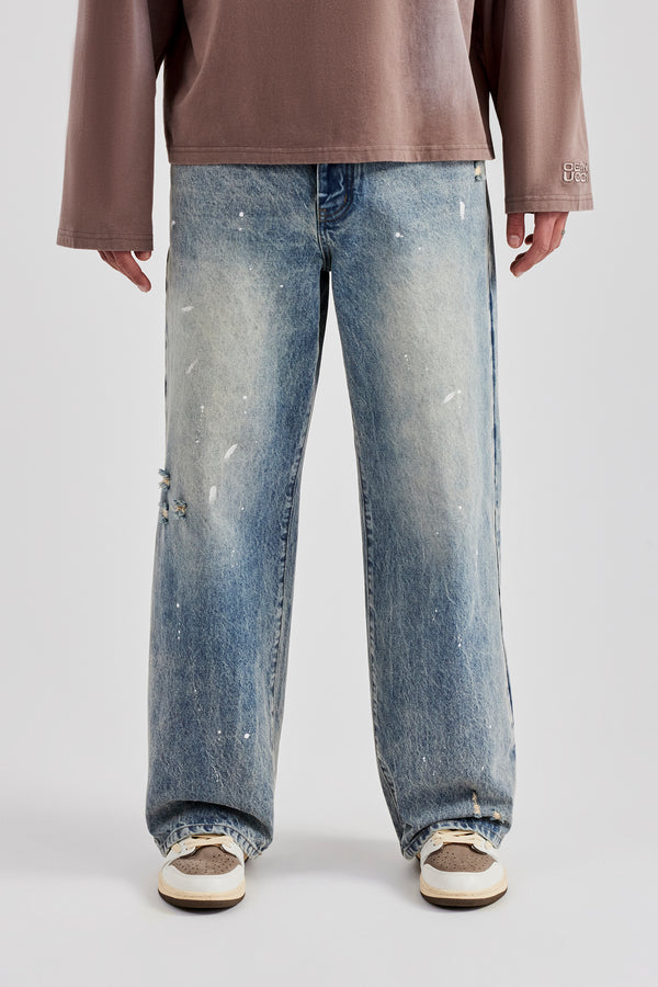 Distressed Paint Splatter Baggy Denim Jean - Antique Wash