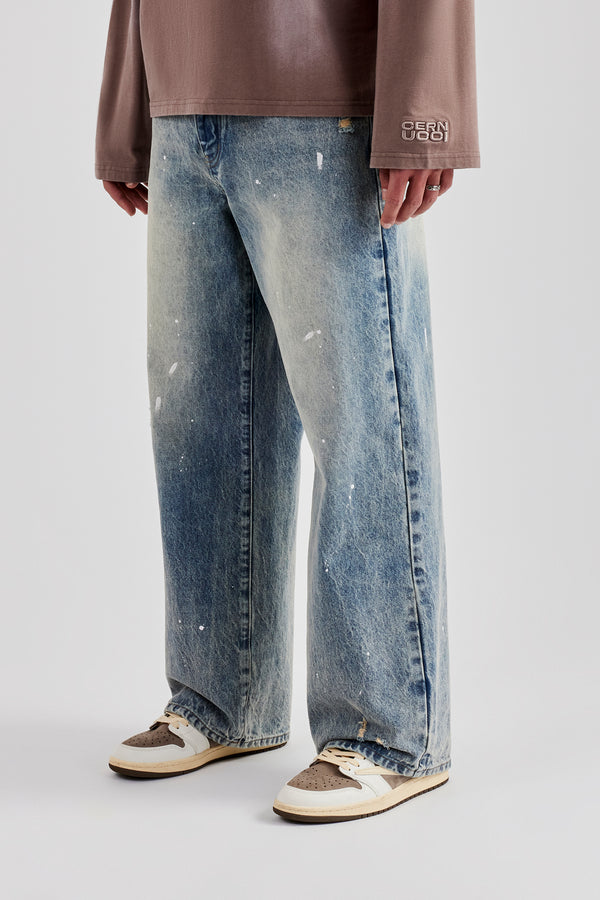 Distressed Paint Splatter Baggy Denim Jean - Antique Wash