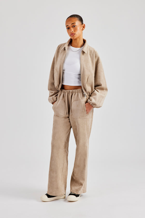 Suede Collared Bomber Jacket & Wide Leg Trouser - Beige