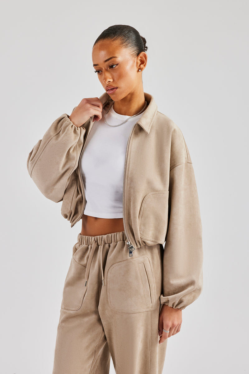 Suede Collared Bomber Jacket & Wide Leg Trouser - Beige