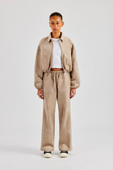 Suede Collared Bomber Jacket & Wide Leg Trouser - Beige