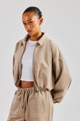 Suede Collared Bomber Jacket & Wide Leg Trouser - Beige