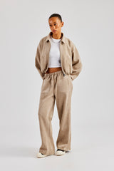 Suede Collared Bomber Jacket & Wide Leg Trouser - Beige