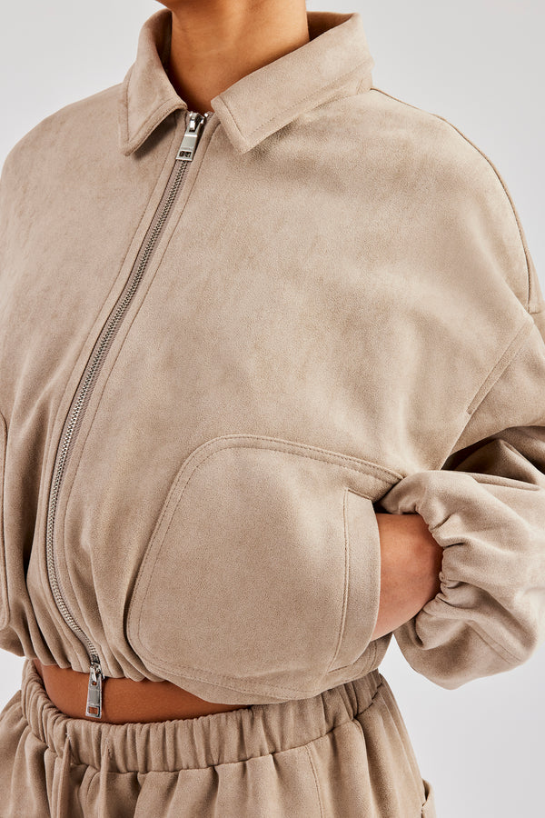 Suede Collared Bomber Jacket - Beige