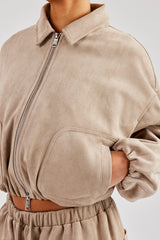 Suede Collared Bomber Jacket & Wide Leg Trouser - Beige