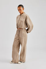 Suede Collared Bomber Jacket & Wide Leg Trouser - Beige