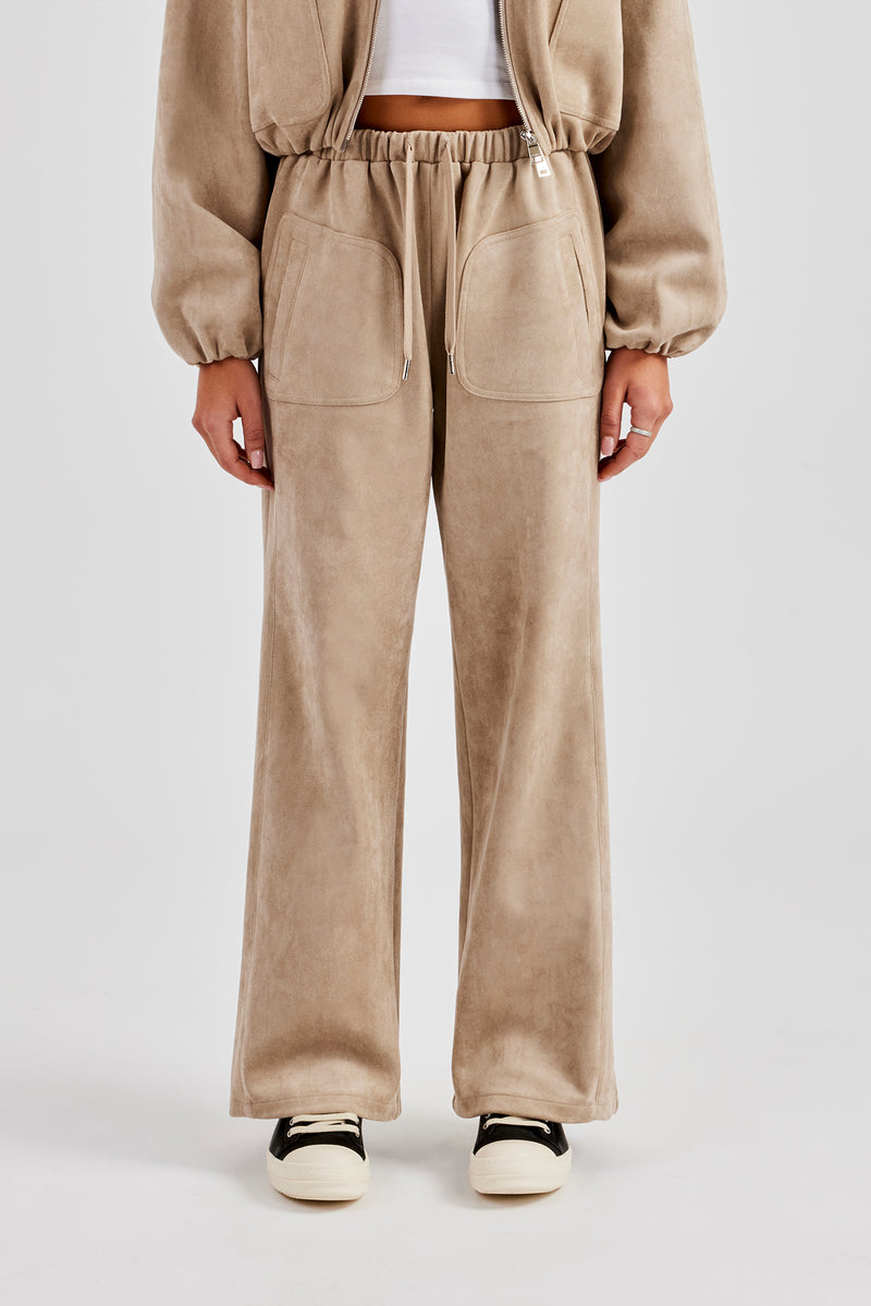 Suede Collared Bomber Jacket & Wide Leg Trouser - Beige