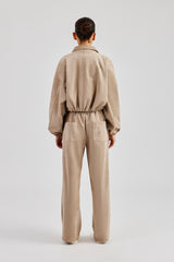 Suede Collared Bomber Jacket & Wide Leg Trouser - Beige