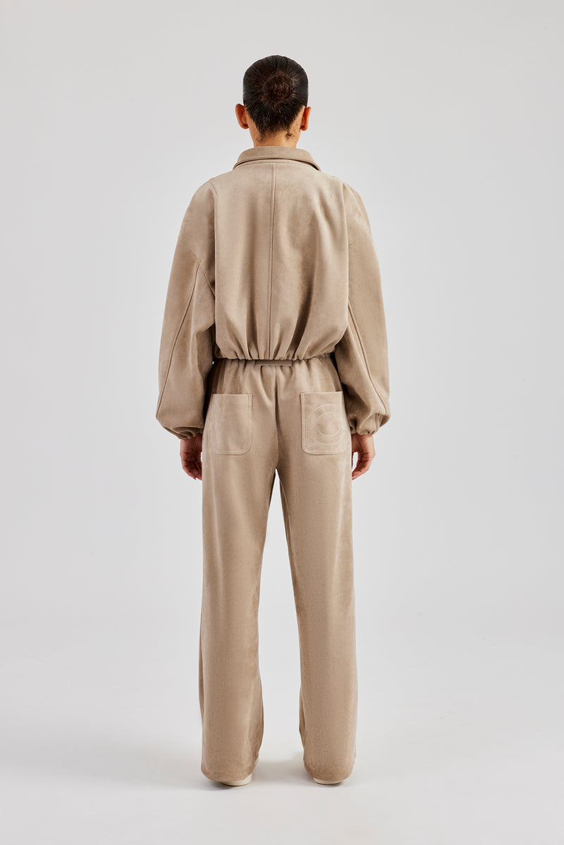 Suede Collared Bomber Jacket & Wide Leg Trouser - Beige