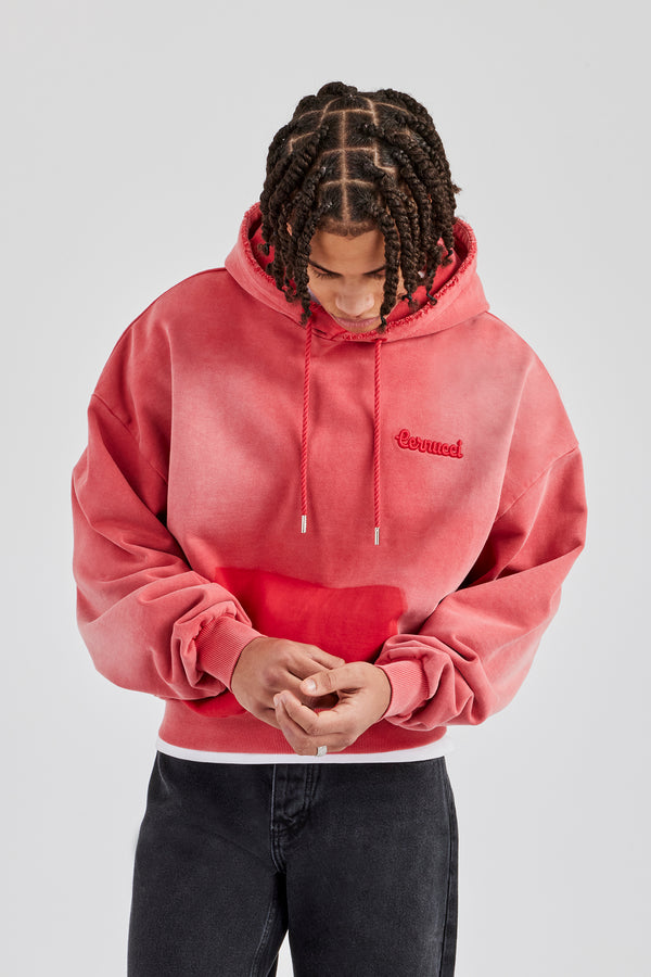 Washed Pocket Boxy Hoodie - Red