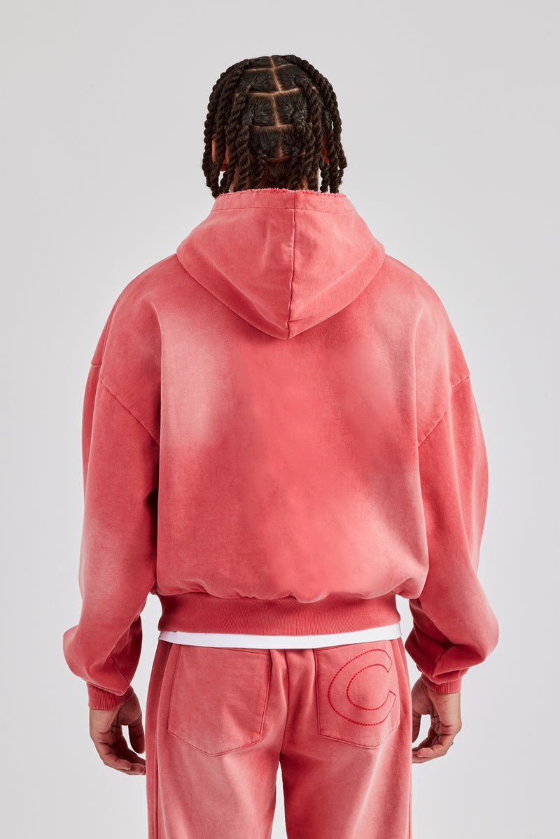 Washed Pocket Boxy Hoodie - Red