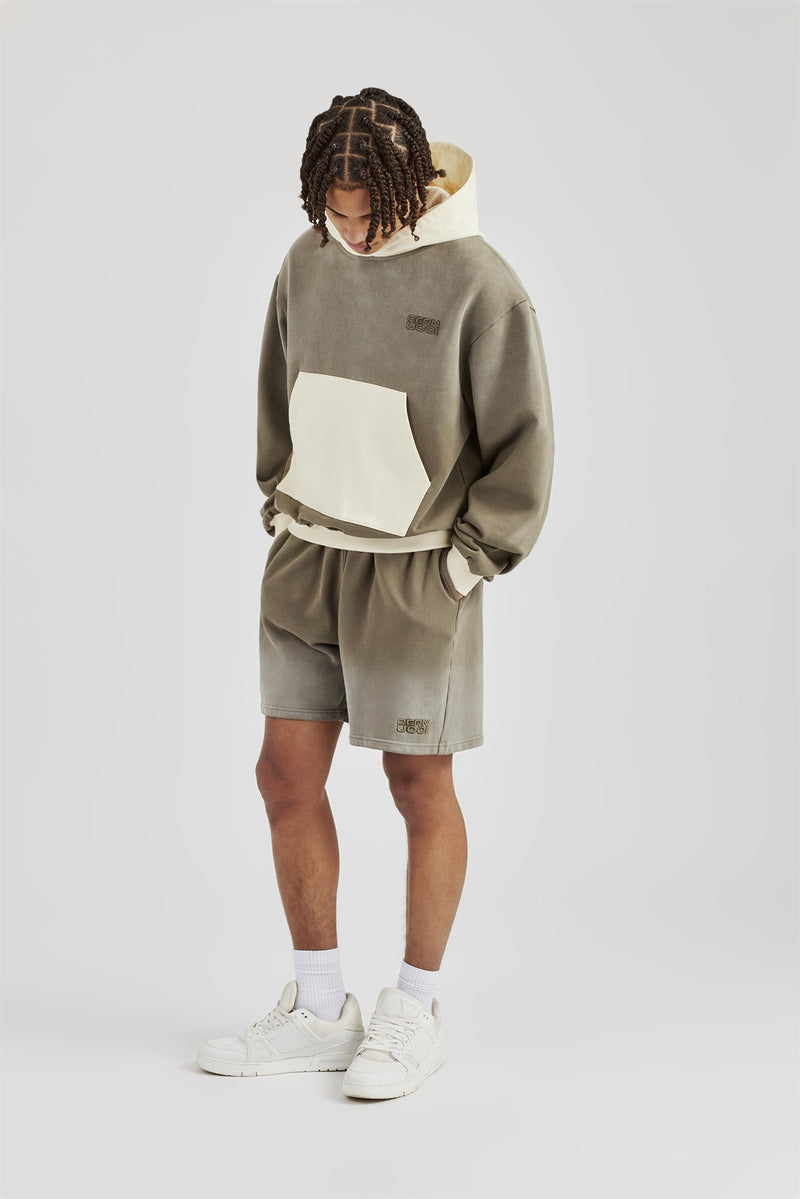 Ombre Wash Contrast Pocket Hoodie & Short Khaki