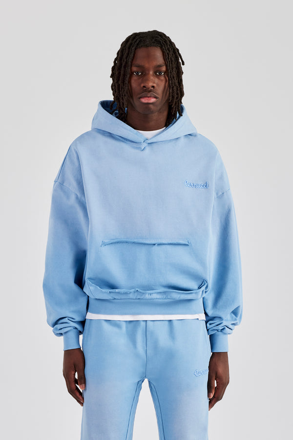 Washed Boxy Raw Edge Pocket Hoodie - Blue