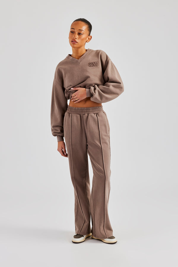 Washed Seam Detail Wide Leg Joggers - Mauve