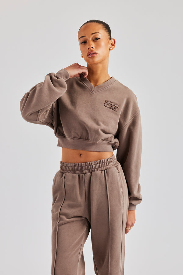 Washed Cropped V Neck Sweat - Mauve