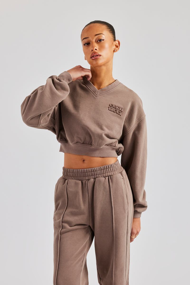 Washed Cropped V Neck Sweat - Mauve