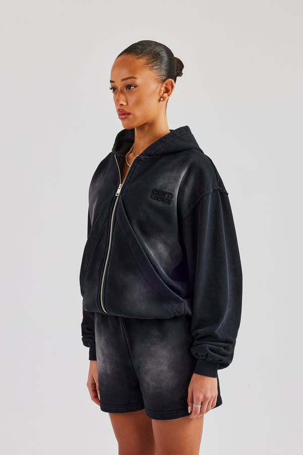 Washed Zip Through Panel Hoodie - Black