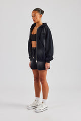 Washed Zip Through Panel Hoodie & Short - Black