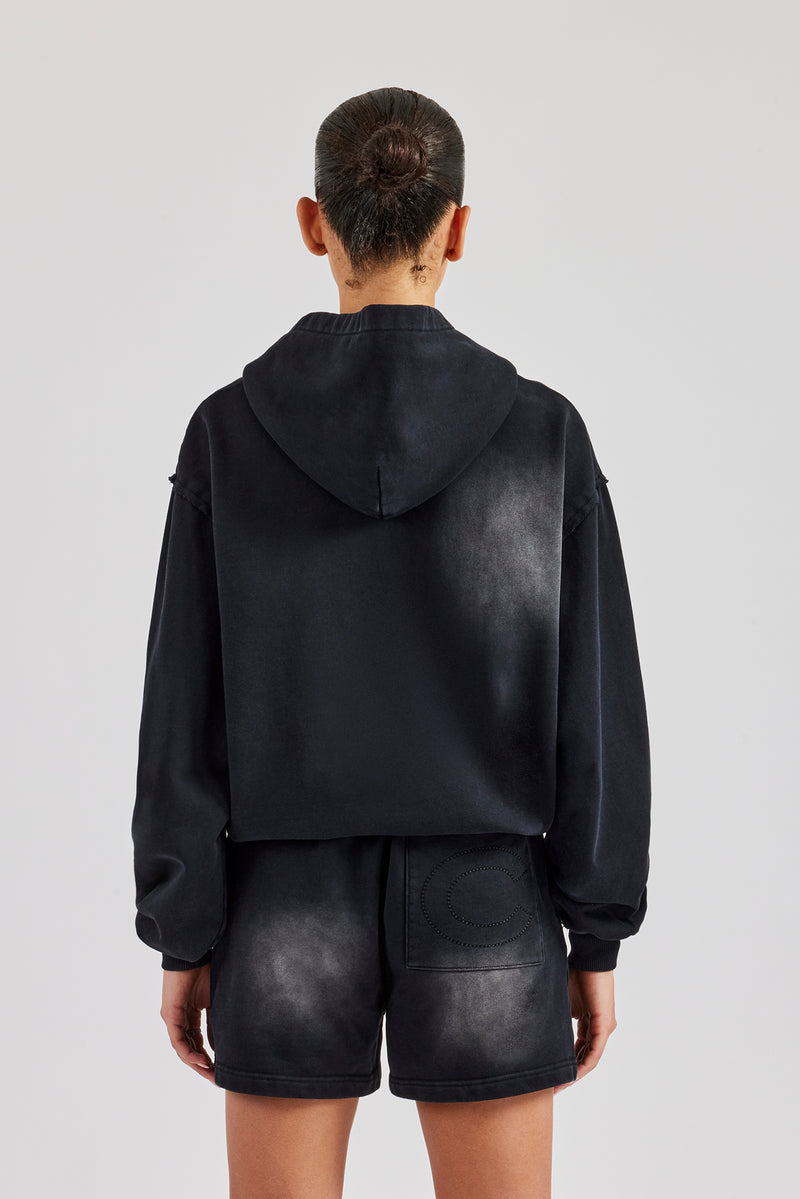 Washed Zip Through Panel Hoodie - Black