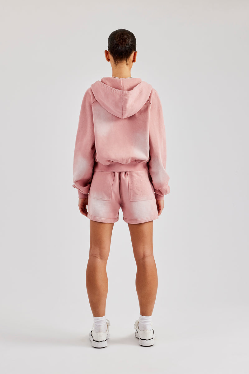 Washed Raglan Zip Through Hoodie & Short - Pink