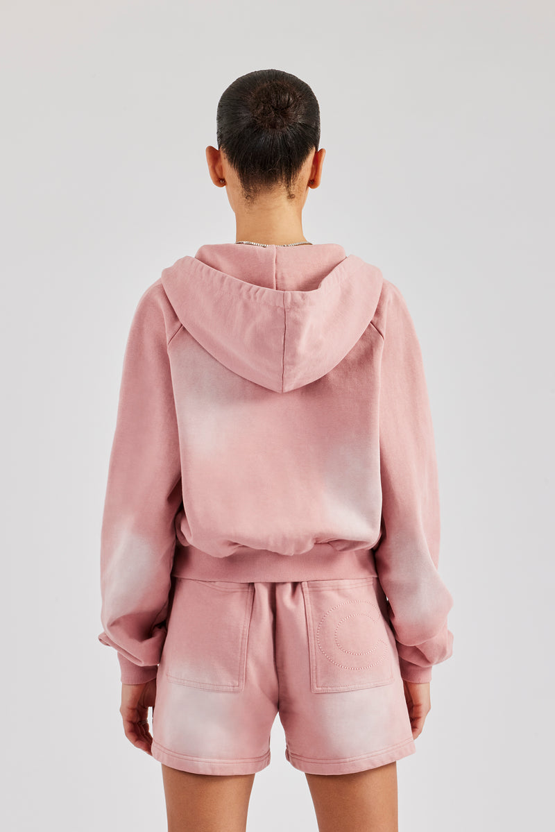 Washed Raglan Zip Through Hoodie - Pink