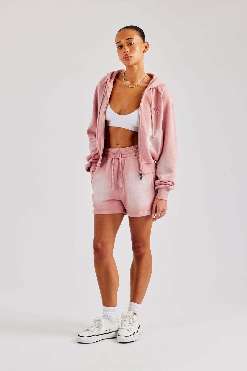 Washed Raglan Zip Through Hoodie & Short - Pink