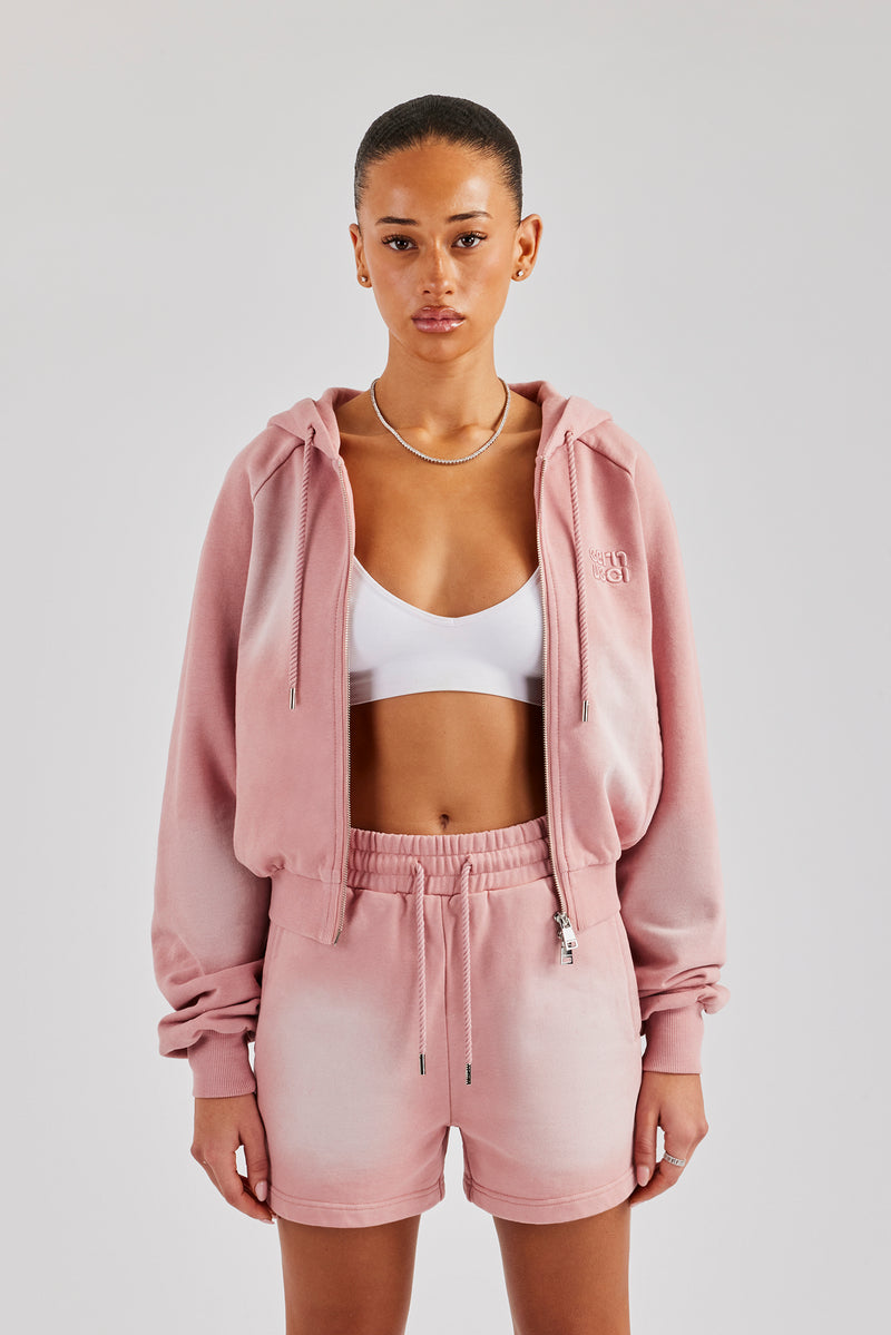 Washed Raglan Zip Through Hoodie - Pink