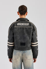 PU Moto Badge Harrington Jacket - Charcoal