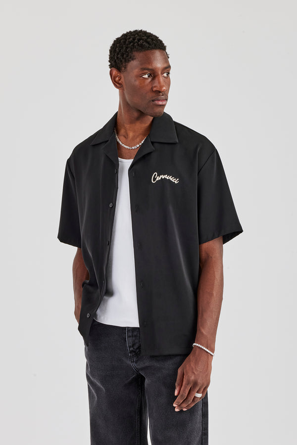 Cernucci Script Button Front Shirt - Black