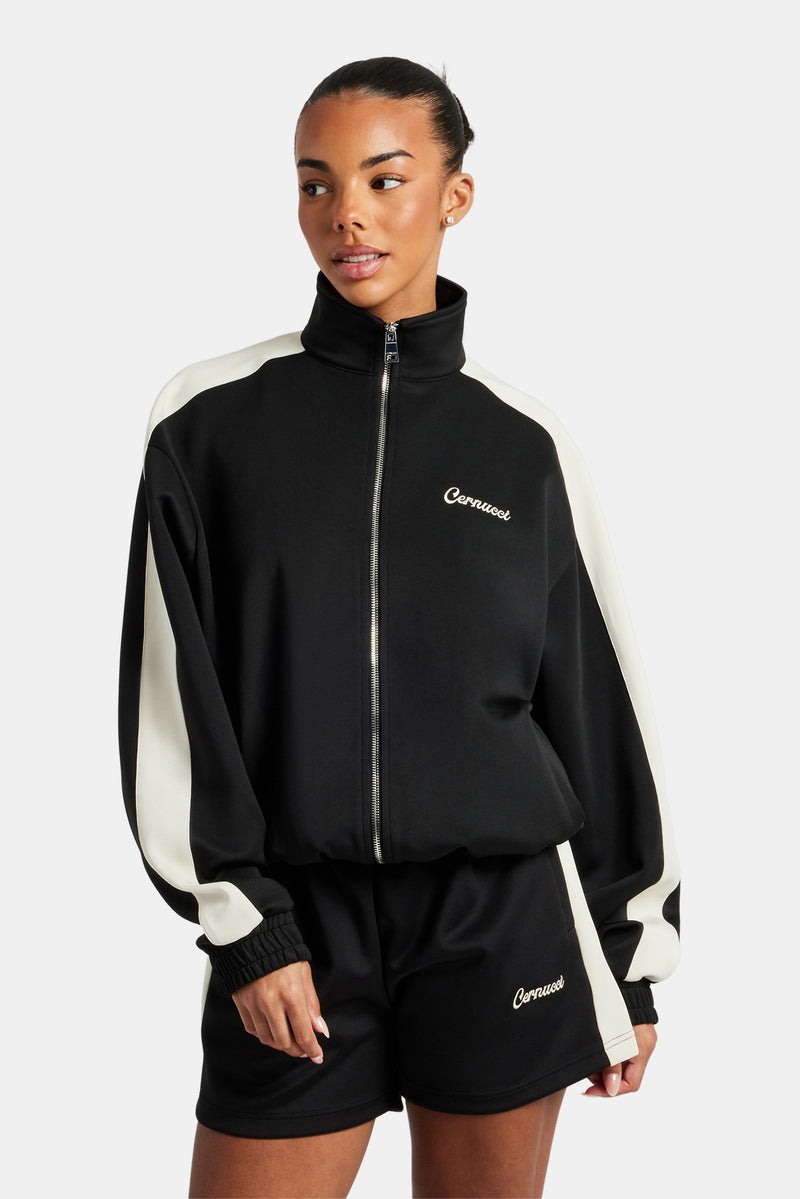 Womens Contrast Panel Track Jacket & Short Set - Black