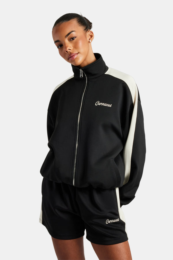 Womens Contrast Panel Track Jacket & Short Set - Black