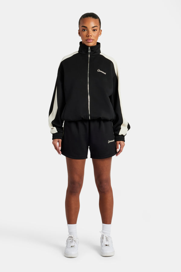 Womens Contrast Panel Track Jacket & Short Set - Black