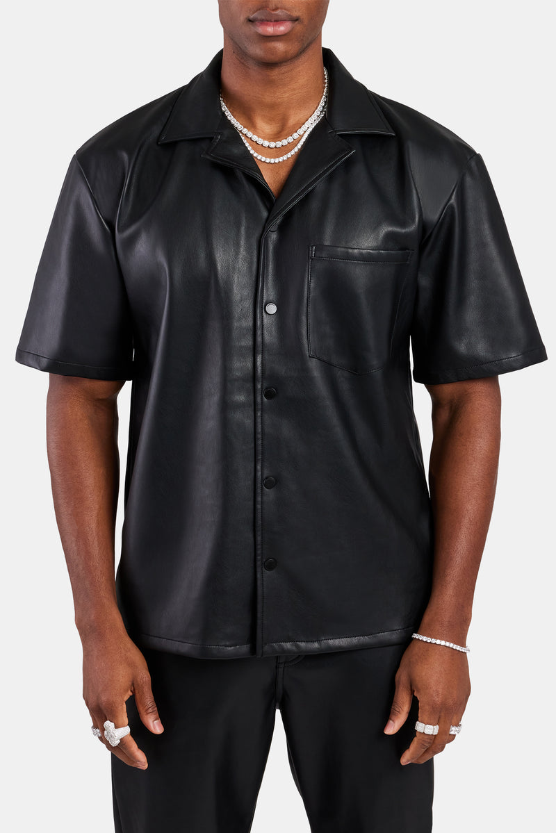 Faux Leather Shirt With Pocket - Black