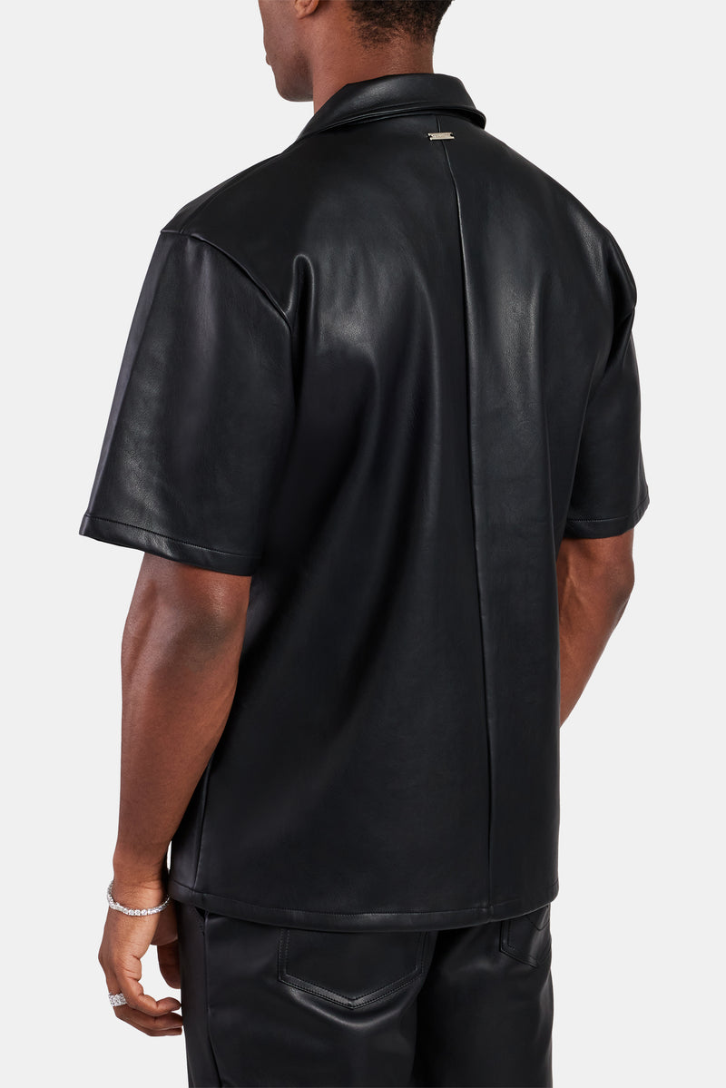 Faux Leather Shirt With Pocket - Black